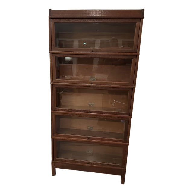 Globe-Wernicke 5 Stackable Quarter-Sawn Oak Barrister Bookcase With Glass Rollup Shelves For Sale