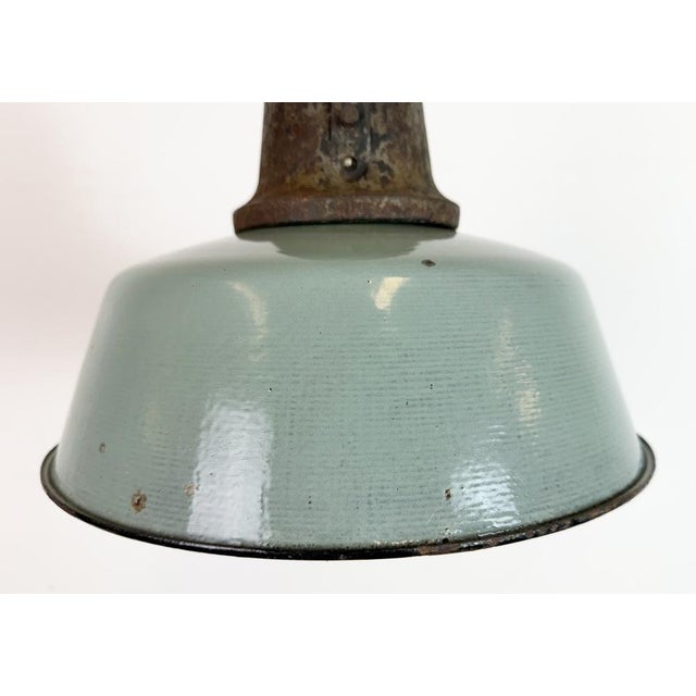 Industrial Petrol Enamel Factory Lamp with Cast Iron Top, 1960s For Sale - Image 4 of 18