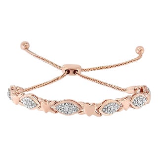 14K Rose Gold Plated .925 Sterling Silver Diamond Accent Alternating Marquise Shape and Heart Links Bolo Bracelet - Adjustable 6" to 9" For Sale