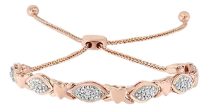 14K Rose Gold Plated .925 Sterling Silver Diamond Accent Alternating Marquise Shape and Heart Links Bolo Bracelet - Adjustable 6" to 9"