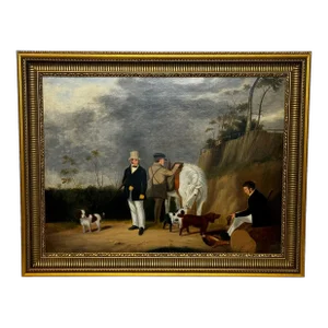 19th Century Hunting Shooting Party Oil Painting Dogs With Lord Gray Top Hat With Purdey Gun
