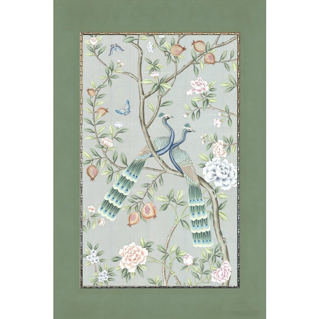 Elevate your interior with this luxury hand-painted chinoiserie peacock wall panel, featuring two elegant peacocks...