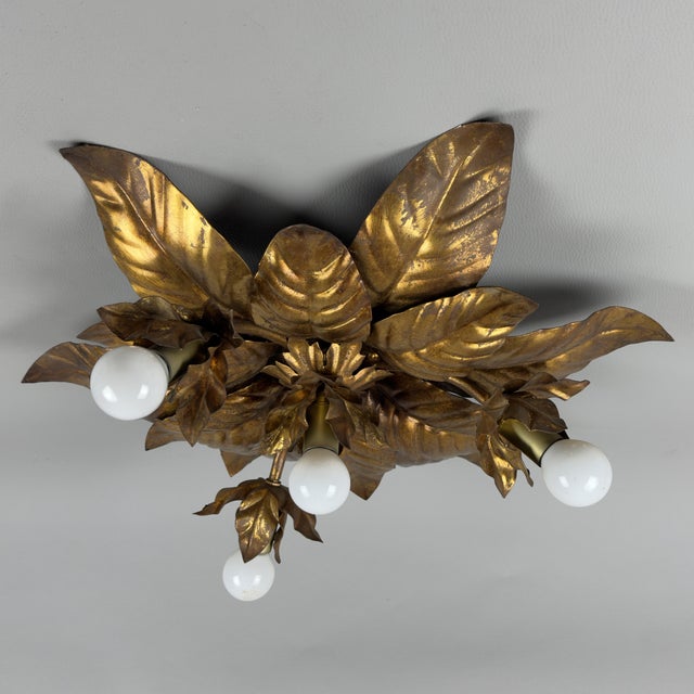 Vintage Wrought Iron Ceiling Lamp with Gold Leaves, 1970s For Sale - Image 11 of 11