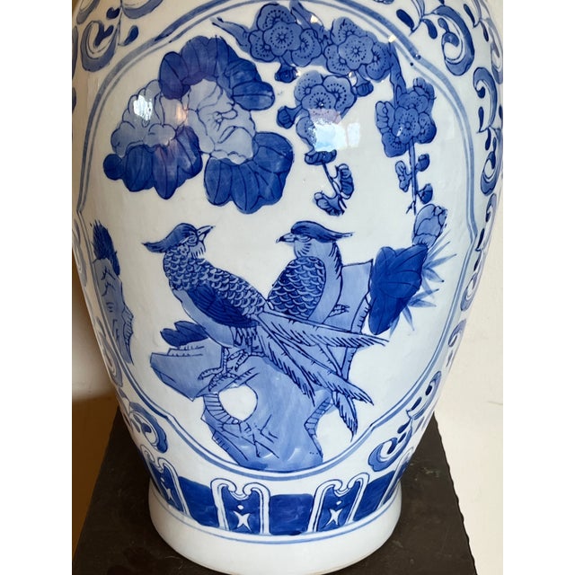 Late 20th Century Large 19" Chinese Blue & White Porcelain Peacock Vase & Carved Wood Stand For Sale In San Francisco - Image 6 of 9