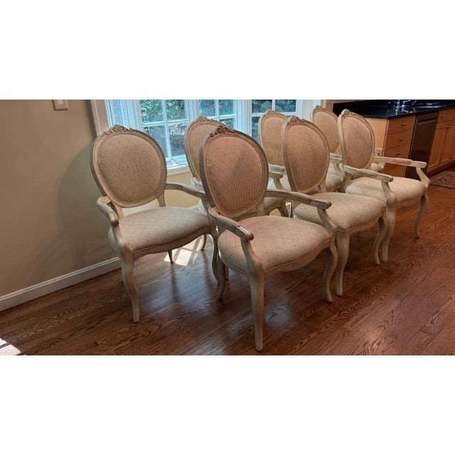 French Provincial Set of 7 French Louis XVI Style Oval Back Dining Chairs – Distressed Painted Finish & Quilted Upholstery For Sale - Image 3 of 16