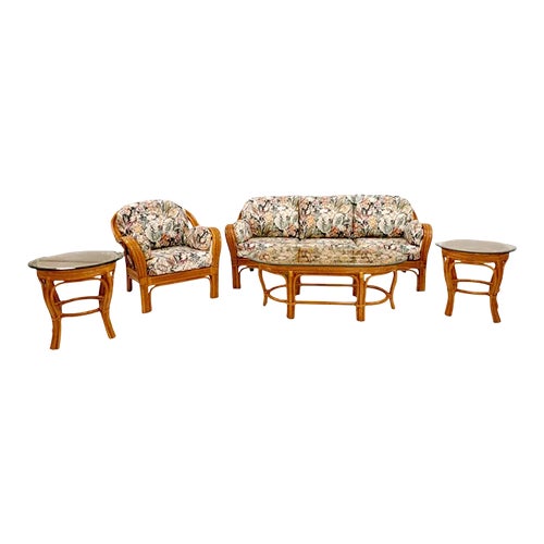 Bamboo, Rattan and Glass Patio Set, 5pcs