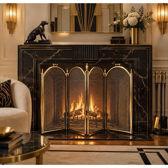 1920s Vintage Four Panel Fireplace Screen Gold Black Mesh Folding Grate For Sale - Image 5 of 5