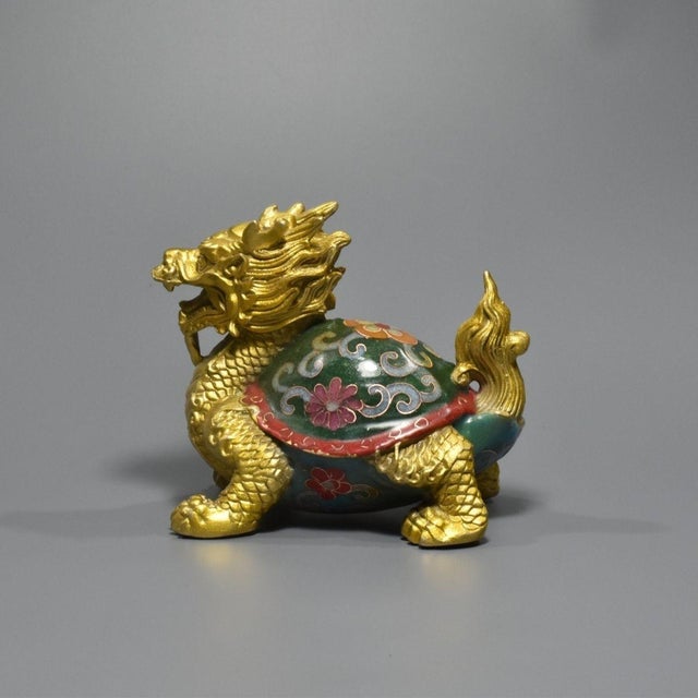 Traditional Gilt Bronze Cloisonné Enamel Dragon-Turtle Figure For Sale - Image 3 of 9
