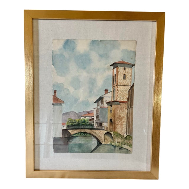 Mid 20th Century Framed French Watercolor Painting of St Jean Pied De Port For Sale