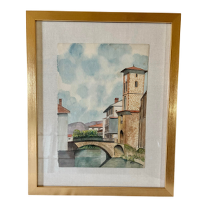 Mid 20th Century Framed French Watercolor Painting of St Jean Pied De Port