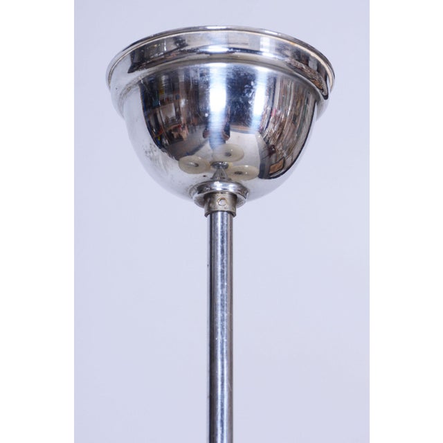Metal Art Deco Chandelier in Chrome-Plated Steel and Opal Glass, Czech, 1920s For Sale - Image 7 of 10