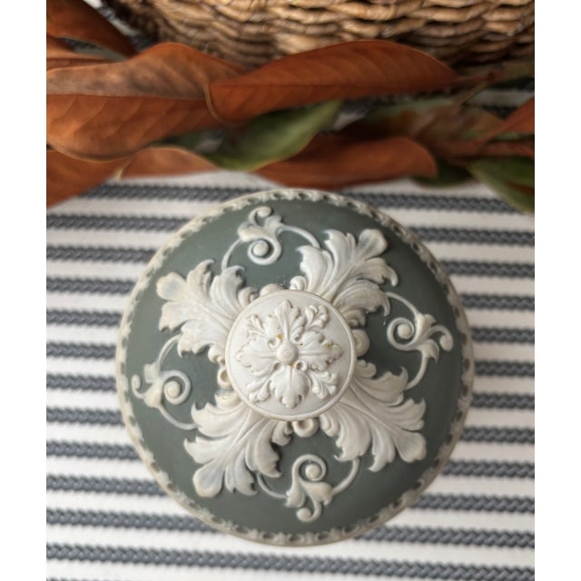 Late 19th Century Antique Schafer & Vater Matte Sage Green & White Applied Relief Jasperware Style Lidded Jar For Sale - Image 5 of 10