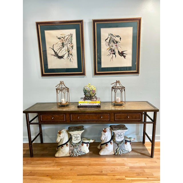 Contemporary 1970’s Mastercraft Attributed Brass Clad Faux Bamboo and Burl Wood 3 Drawer Console Table For Sale - Image 3 of 13
