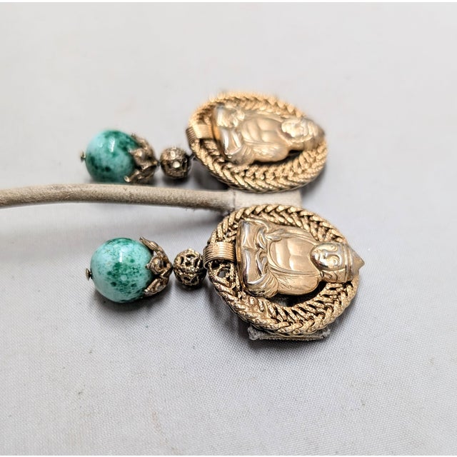 Gold Vintage 1960s Signed Napier Goldtone Buddha Faux-Jade Drop Clip Earrings-2 Pieces For Sale - Image 8 of 10