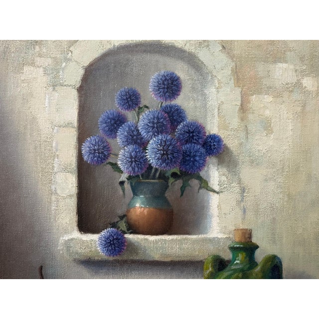 Still Life with Flowers & Fruit in a French Farmhouse Interior by French Artist 1992 Circa For Sale - Image 4 of 13