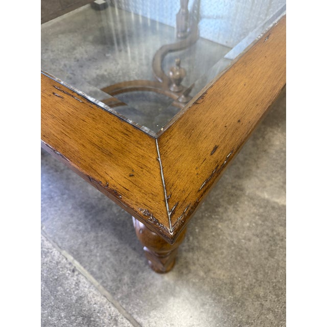 Wood William and Mary Style Rustic Wood Glass Top Farmhouse Coffee Table For Sale - Image 7 of 10