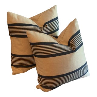 Silk and Linen Striped Navy and Off White Pillow Covers- Set of 2 For Sale