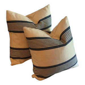 Silk and Linen Striped Navy and Off White Pillow Covers- Set of 2