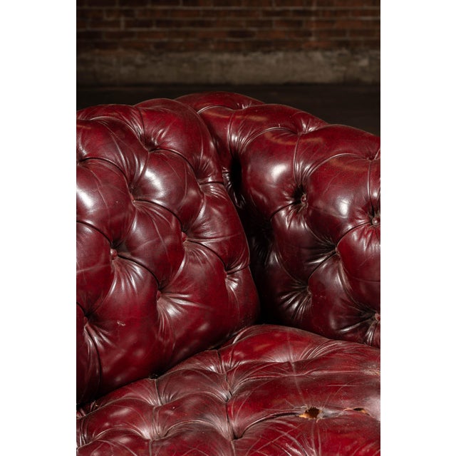 Animal Skin Mid 20th Century Tufted Leather Chesterfield Sofa in Burgundy For Sale - Image 7 of 10