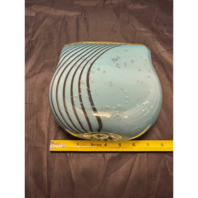 Teal Signed Dustin Wagner Studio Blown Art Glass Psycho Zebra Vase Aqua Teal Black 8” For Sale - Image 8 of 12