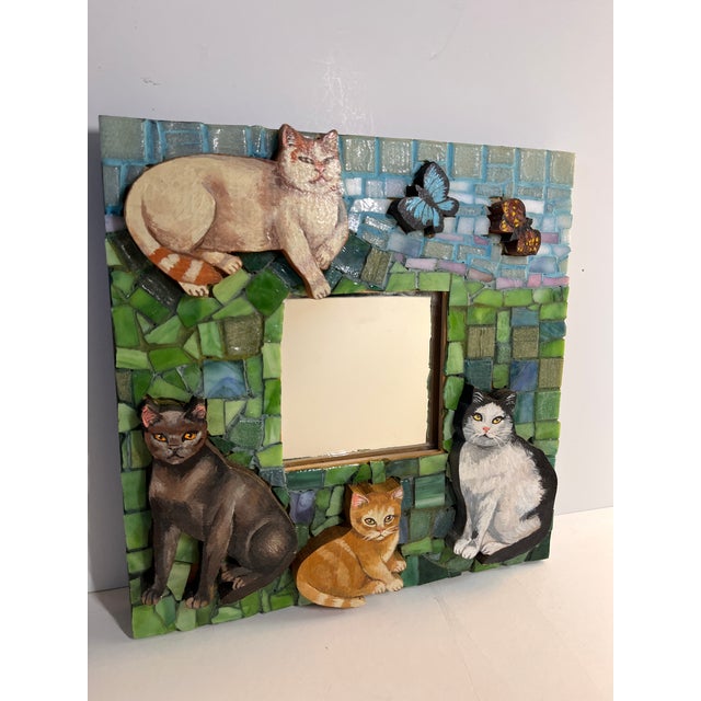 Vintage Original Mosaic Painted Cat Mirror For Sale In New York - Image 6 of 9
