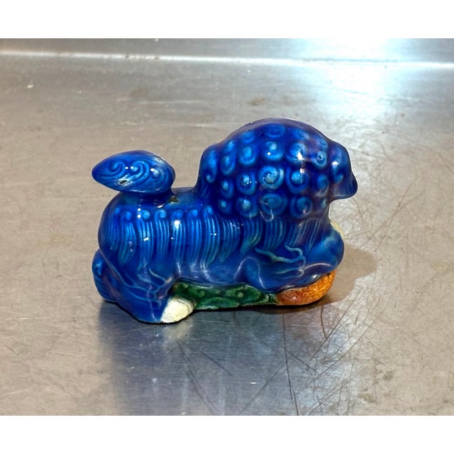 Mini Deep Blue Ceramic/Brass-Base Foo Dog Figurine For Sale - Image 4 of 4