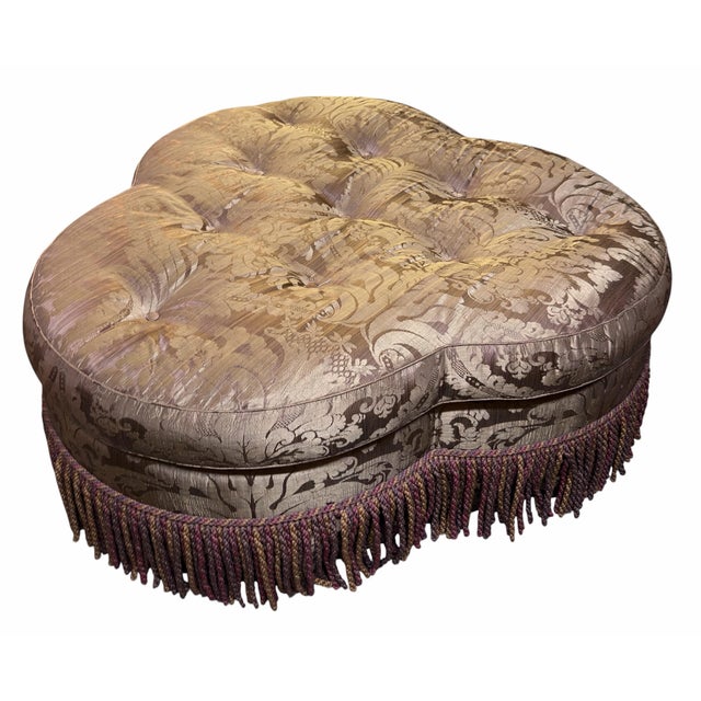 Rose Tarlow Rose Tarlow Melrose House Attr. Tufted Trefoil Ottoman in Silk Damask W Bullion Fringe For Sale - Image 4 of 5