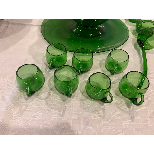 Hand Blown Glass Punch Bowl with 15 4oz cups, 2 ladles, ladle rest, and bowl plate.