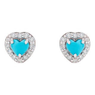 Natural Cabochon Turquoise Heart & Diamond Halo Stud Earrings in 14k Gold- A Pair For Sale