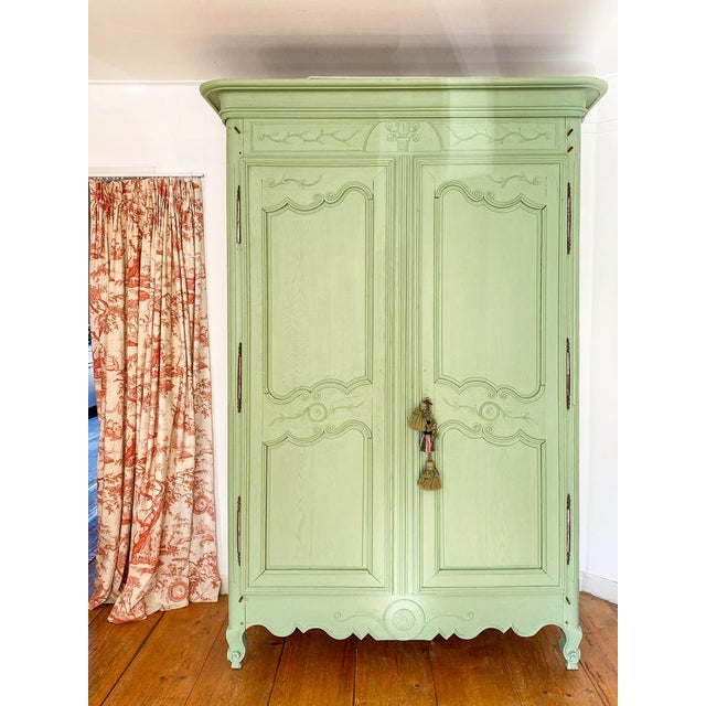 Antique French Soft Green Marriage Armoire For Sale - Image 9 of 11