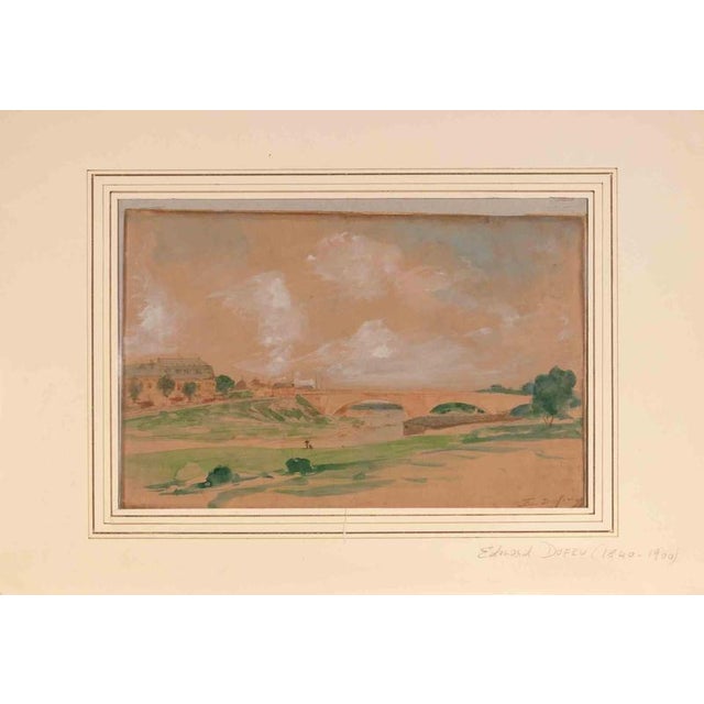 Edouard Dufeu, Landscape, 19th Century, China Ink and Watercolor For Sale - Image 3 of 3