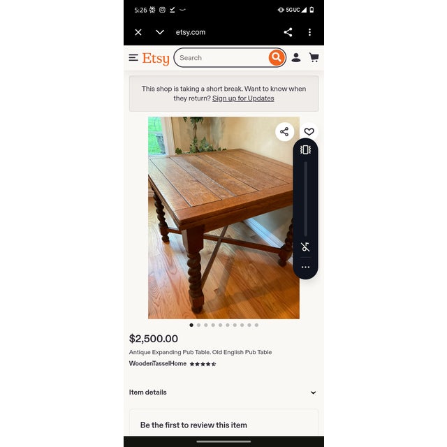 Gorgeous Antique Solid Oak Refectory Dining Pub Table, 29" Tall x 36" wide 60" when side pulled out x 35" deep. When I...