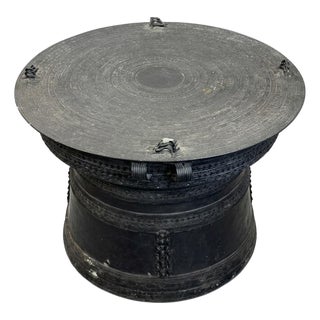 Patinated Metal Frog Drum Table With Engraved Top For Sale