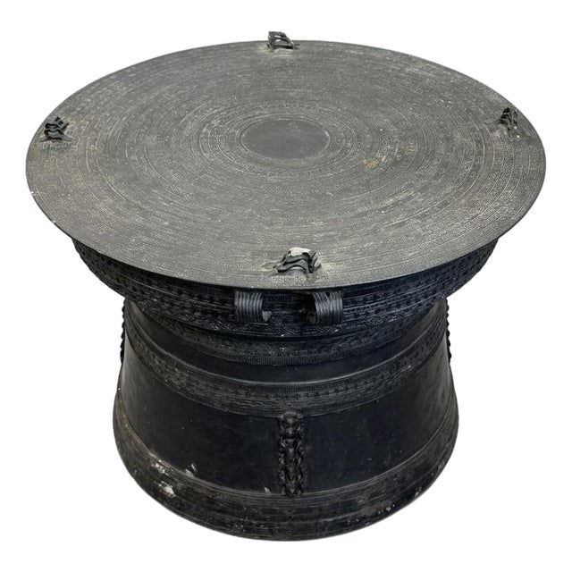 Patinated Metal Frog Drum Table With Engraved Top For Sale