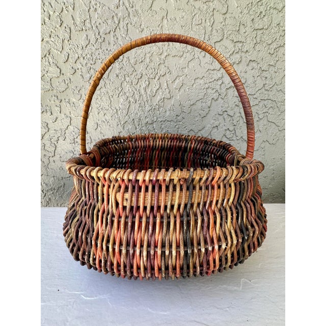 Vintage 1900s Rustic Multicolored “Buttocks” Rattan Wicker Basket For Sale - Image 4 of 10