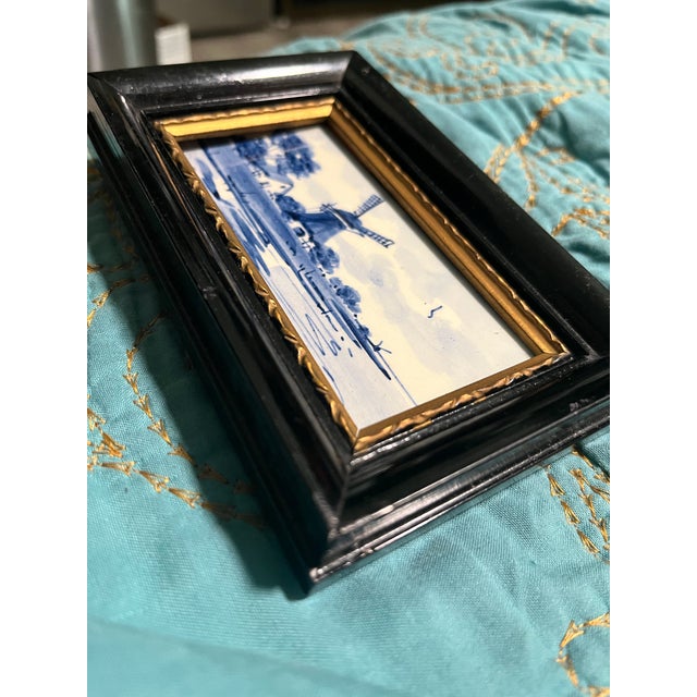 Delft Framed Antique Nordic Delft Blue Ceramic Tile, Stamped, Hand Painted & Signed For Sale - Image 4 of 4