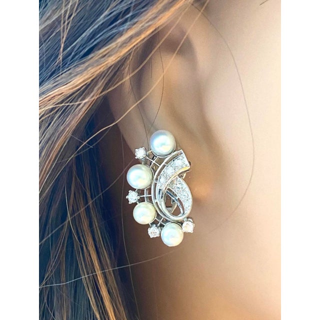 Silver Vintage Mid Century 14k White Gold Diamond Pearl Clip-on Earrings, A Pair For Sale - Image 8 of 8