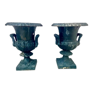 Cast Iron Campana Form Garden Urns, a Pair
