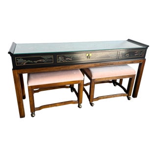 Vintage Chinoiserie Hand Painted Console Table With Nesting Low Stools by Drexel - Three Pieces For Sale