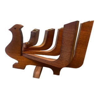 MCM Scandinavian Style Wooden Peacock Bird 5 Arm Candleholder For Sale