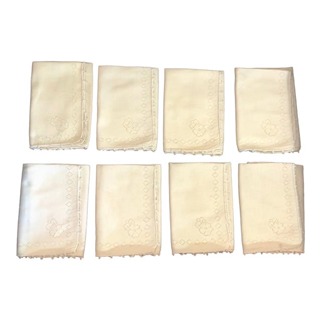 Vintage 1970’s Hand Sewn Lace Crochet Loop, Diamond, Flower Pattern Trim Off White Napkins—Set of 8 For Sale