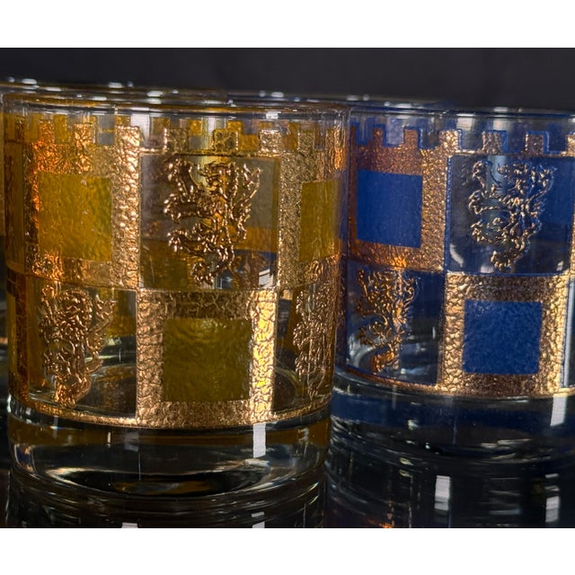 Mid-Century Modern Vintage West Virginia Glass 'Henry Viii' Jewel Tone & Gold Rocks Glasses - Set of 8 For Sale - Image 3 of 7