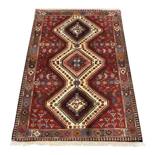 Yalameh Rug 3'5'' X 5' Red Wool Vintage Tribal Hand-Knotted Oriental Carpet For Sale