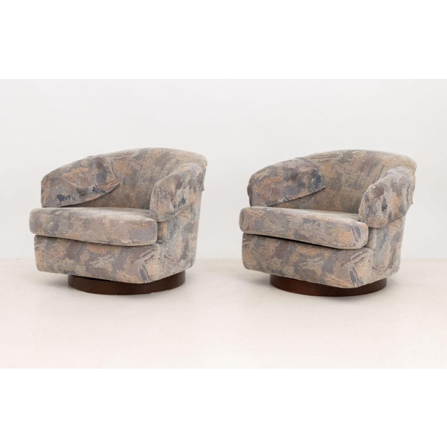 Modern Pair of Milo Baughman Style Barrel Swivel Arm Chairs For Sale - Image 3 of 11