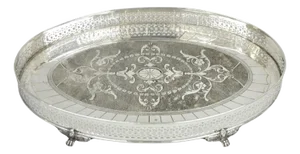 Vintage English Edwardian Style Oval Silver Plated Raised Gallery Bar Tray