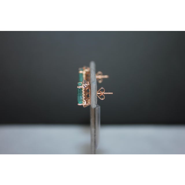 Green Emerald Cut Green Emerald Diamond Halo Stud 18k Rose Gold Earrings, A Pair For Sale - Image 8 of 18