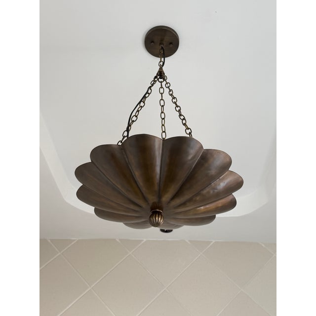 Art Nouveau Petal Pendant Light, Antique Brass Finish Solid Brass Flower Shade, 4 Light Hanging Fixture For Sale - Image 6 of 12