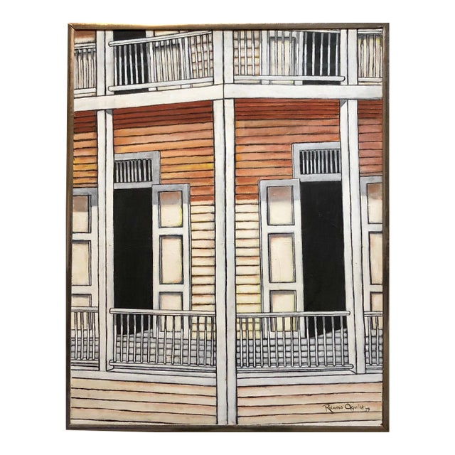 Rolando Aguilar, Guatemalan Latin American Oil Painting Modernist Porch Scene 1979 For Sale