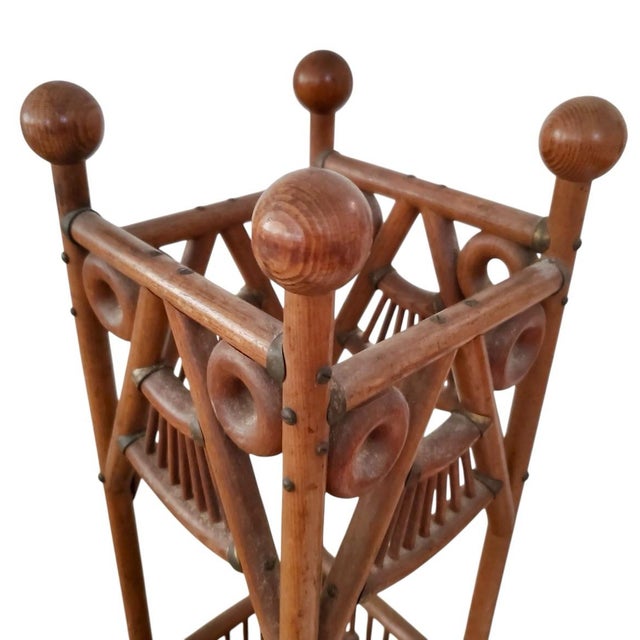 Victorian Antique Victorian Oak Stick & Ball Umbrella & Cane Stand With Original Brass Drip Tray For Sale - Image 3 of 12