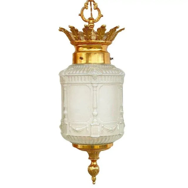 Very beautiful Regency Style Vintage Lantern-Chandelier. Made of bronze and glass. Circa 1960s. Pendant with pressed glass...